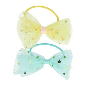Haarelastieken – Strik 9cm – Tule Stof & Glitters – Geel Blauw – Set van 2