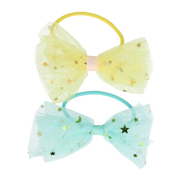 haarelastiek strik duo kleuren_5 Haarelastieken – Strik 9cm – Tule Stof & Glitters – Geel Blauw – Set van 2