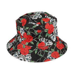 Bucket Hat Hoedje – Roos Schedel Print Omkeerbaar – One Size – Zwart Rood Wit