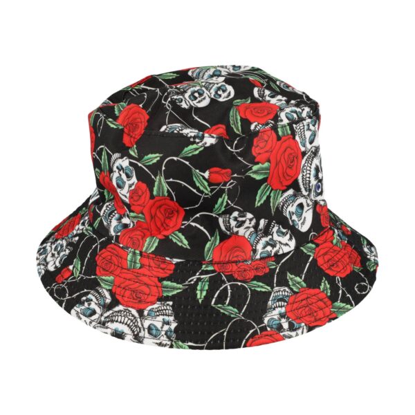 Bucket Hat Hoedje – Roos Schedel Print Omkeerbaar – One Size – Zwart Rood Wit
