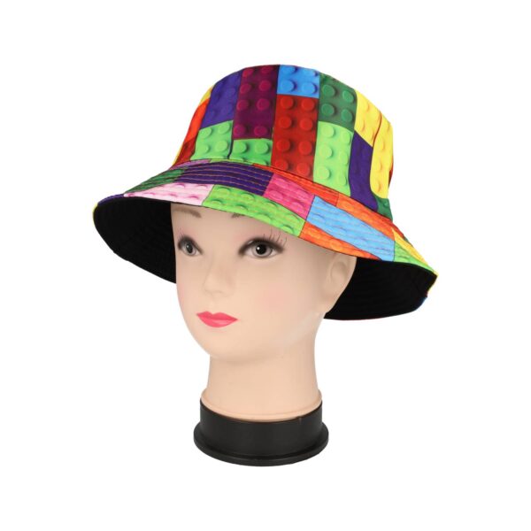 Bucket Hat Hoedje – Bouwblokjes Print Omkeerbaar – One Size – Geel Groen Blauw Rood Oranje
