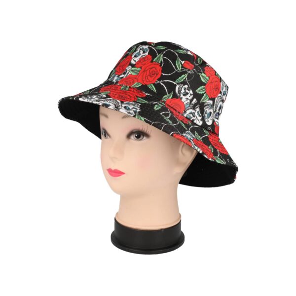 Bucket Hat Hoedje – Roos Schedel Print Omkeerbaar – One Size – Zwart Rood Wit