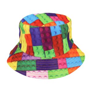 Bucket Hat Hoedje – Bouwblokjes Print Omkeerbaar – One Size – Geel Groen Blauw Rood Oranje