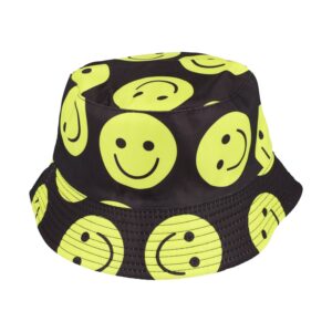 Bucket Hat Hoedje – Smiley Print Omkeerbaar – One Size – Zwart Geel