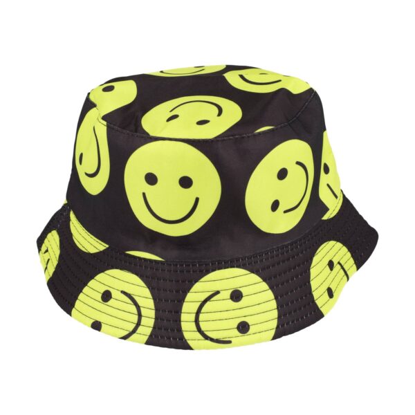 Bucket Hat Hoedje – Smiley Print Omkeerbaar – One Size – Zwart Geel