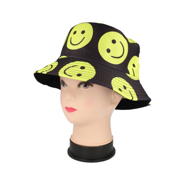 Bucket Hat Hoedje – Smiley Print Omkeerbaar – One Size – Zwart Geel