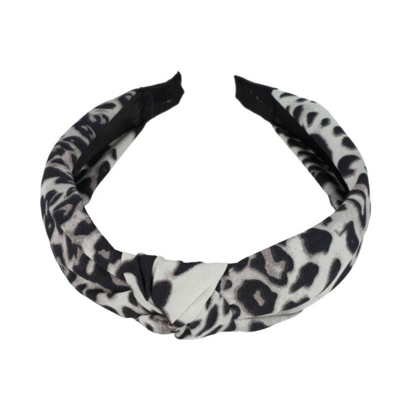 diadeem knoop panter grijs_1 Haarband Diadeem 3cm – Knoop & Panterprint Stof – Lichtgrijs Zwart