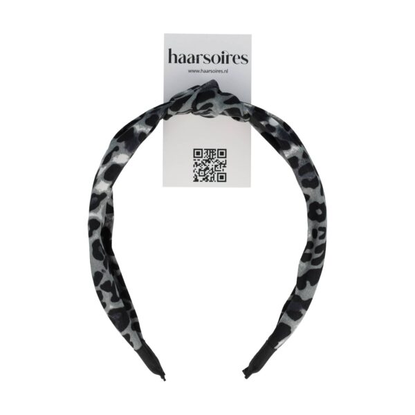 diadeem knoop panter grijs_10 Haarband Diadeem 3cm – Knoop & Panterprint Stof – Donkergrijs Zwart
