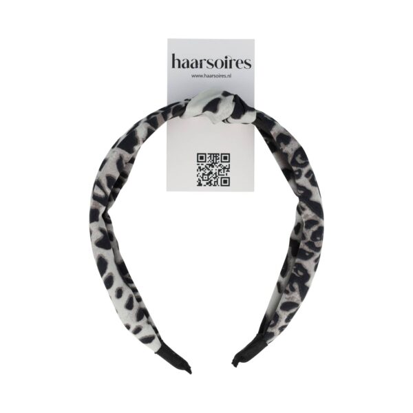 diadeem knoop panter grijs_11 Haarband Diadeem 3cm – Knoop & Panterprint Stof – Lichtgrijs Zwart