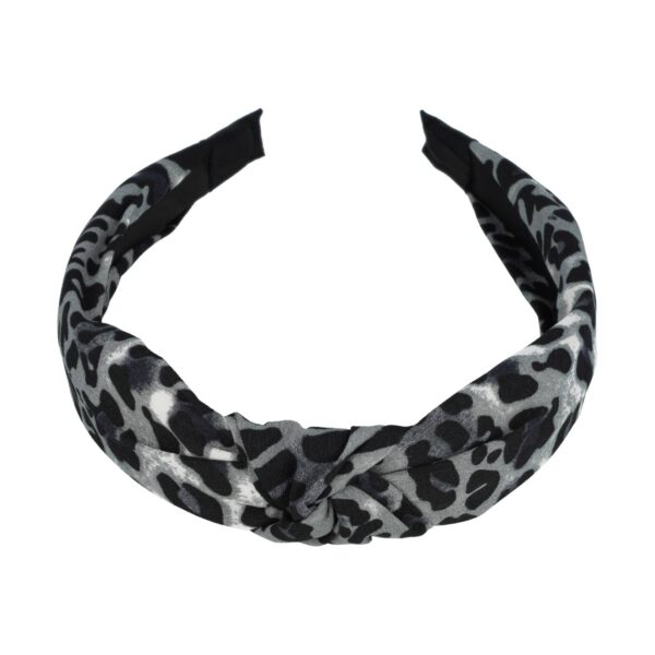 diadeem knoop panter grijs_3 Haarband Diadeem 3cm – Knoop & Panterprint Stof – Donkergrijs Zwart