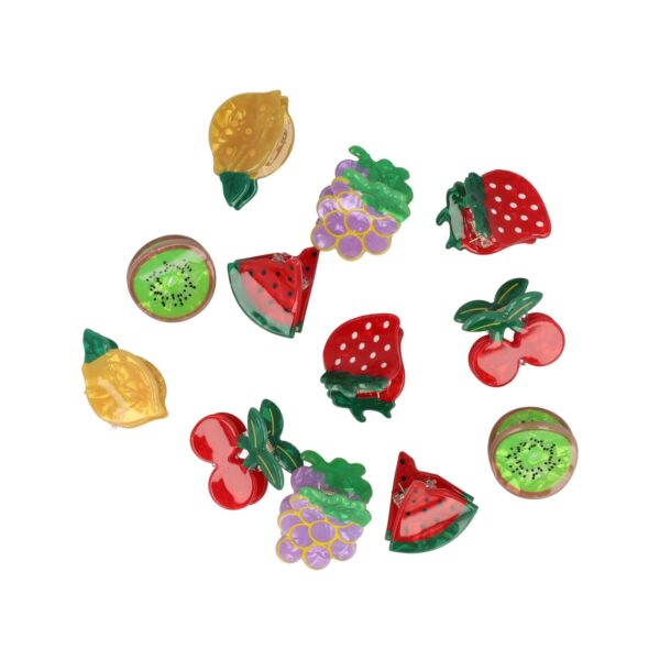 klemmetjes fruit sealife_2 Haarspeld Haarklemmen 3cm – Fruit Figuurtjes – Paars Geel Groen Rood – Set van 12
