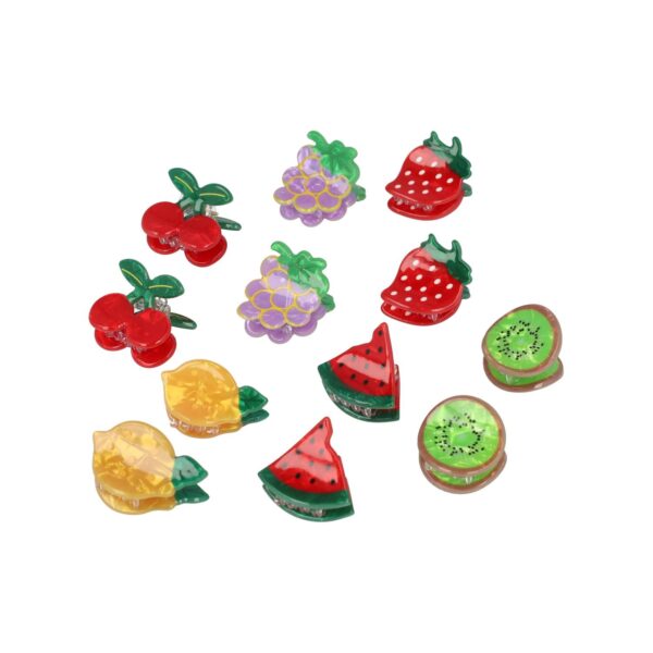 klemmetjes fruit sealife_5 Haarspeld Haarklemmen 3cm – Fruit Figuurtjes – Paars Geel Groen Rood – Set van 12