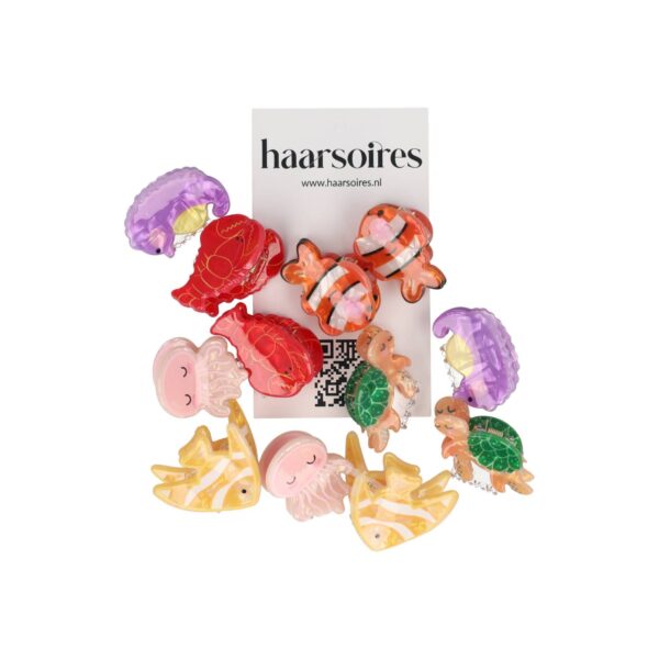 klemmetjes fruit sealife_9 Haarspeld Haarklemmen 3cm – Zeedieren Figuurtjes – Roze Paars Oranje Geel Groen Rood – Set van 12