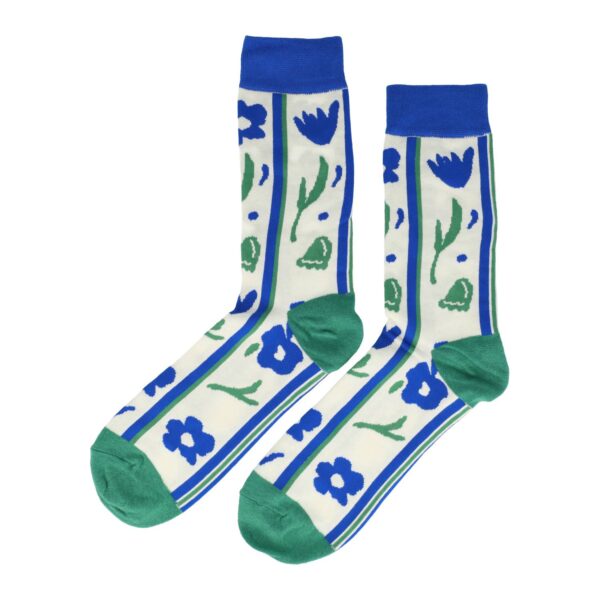 sokken funny print_11 Sokken Katoen - Tulpen Bloemen Print - Blauw Groen Wit - Maat 38-45