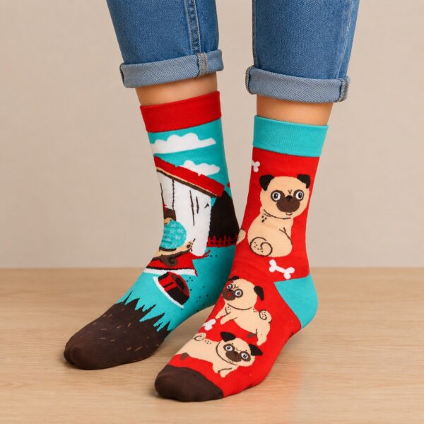 sokken-hond-rood-blauw Sokken Katoen - Hond en Hondenhok Print - Rood Blauw - Maat 38-45