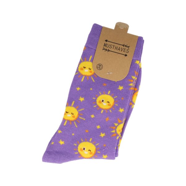 sokken patroon funny_2 Sokken Katoen - Zonnetjes Print - Paars Geel - Maat 36-43