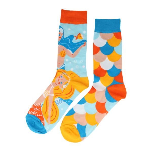 sokken patroon funny_5 Sokken Katoen - Zeemeermin Print - Blauw Oranje Beige Wit - Maat 38-45