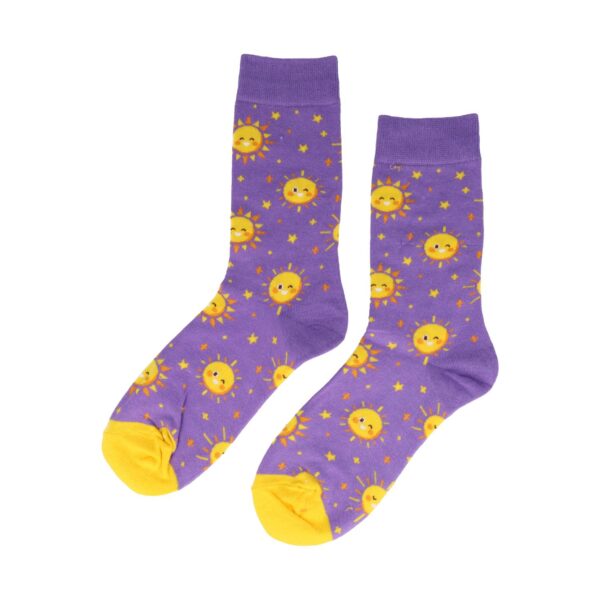 sokken patroon funny_6 Sokken Katoen - Zonnetjes Print - Paars Geel - Maat 36-43