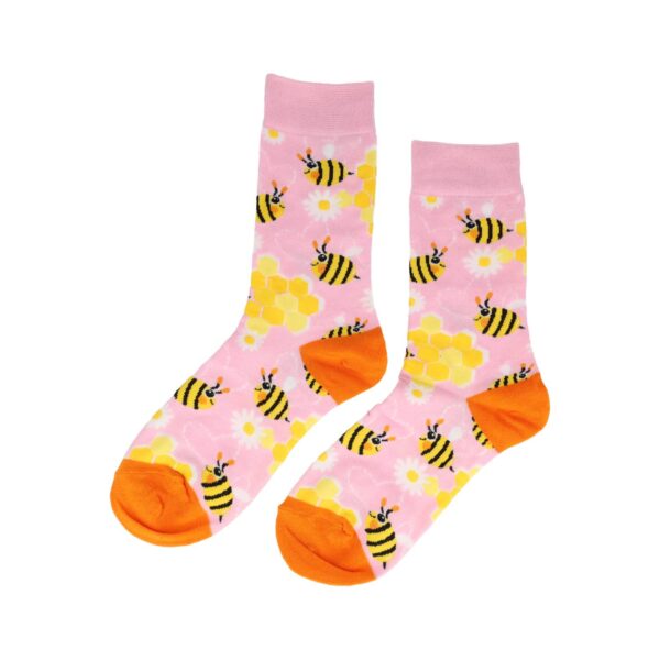sokken patroon funny_7 Sokken Katoen - Bloemen Bijen Print - Roze Geel Zwart Oranje - Maat 36-43