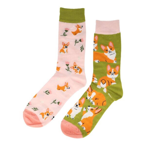 sokken patroon funny_8 Sokken Katoen - Corgi Honden Print - Groen Roze Bruin Wit - Maat 38-45