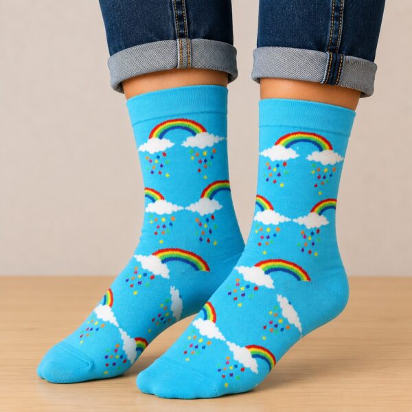 sokken-regenboog-blauw Sokken Katoen - Regenboog Wolken Print - Blauw Wit - Maat 36-43