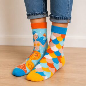 sokken-zeemeermin Sokken Katoen - Zeemeermin Print - Blauw Oranje Beige Wit - Maat 38-45
