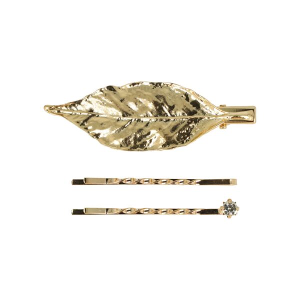duckklem bladvorm goud zilver_1 Haarspeld Duckklem en Schuifspeldjes 7cm – Bladvorm en Strass Steentje – Goud – Set van 3
