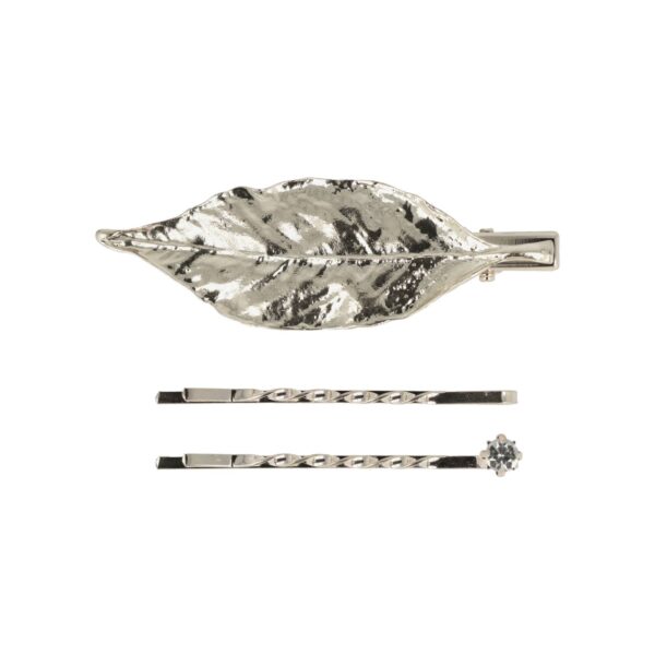 duckklem bladvorm goud zilver_2 Haarspeld Duckklem en Schuifspeldjes 7cm – Bladvorm en Strass Steentje – Zilver – Set van 3