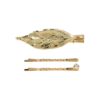 duckklem bladvorm goud zilver_3 Haarspeld Duckklem en Schuifspeldjes 7cm – Bladvorm en Strass Steentje – Goud – Set van 3