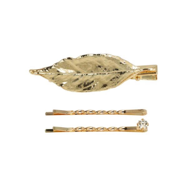 duckklem bladvorm goud zilver_3 Haarspeld Duckklem en Schuifspeldjes 7cm – Bladvorm en Strass Steentje – Goud – Set van 3