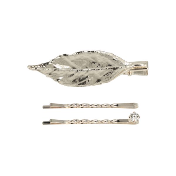 duckklem bladvorm goud zilver_4 Haarspeld Duckklem en Schuifspeldjes 7cm – Bladvorm en Strass Steentje – Zilver – Set van 3