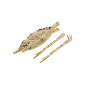 Haarspeld Duckklem en Schuifspeldjes 7cm – Bladvorm en Strass Steentje – Goud – Set van 3