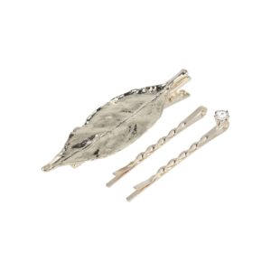 Haarspeld Duckklem en Schuifspeldjes 7cm – Bladvorm en Strass Steentje – Zilver – Set van 3