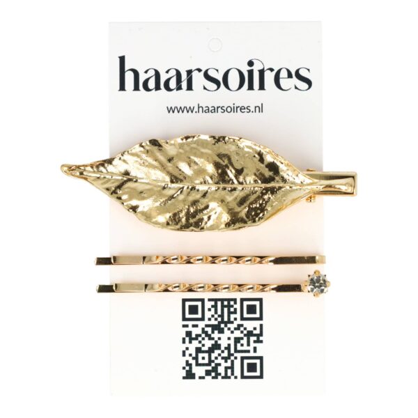 duckklem bladvorm goud zilver_7 Haarspeld Duckklem en Schuifspeldjes 7cm – Bladvorm en Strass Steentje – Goud – Set van 3