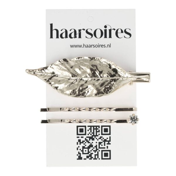 duckklem bladvorm goud zilver_8 Haarspeld Duckklem en Schuifspeldjes 7cm – Bladvorm en Strass Steentje – Zilver – Set van 3