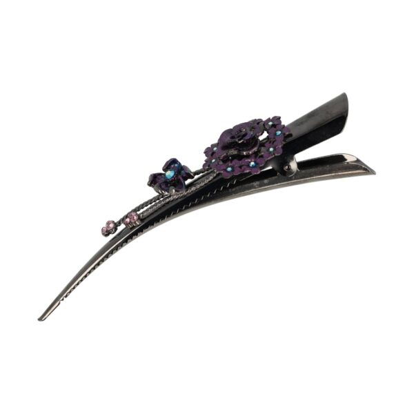 duckklem bloem paars_1 Haarspeld Duckklem 13cm – Bloemvorm & Steentjes – Metaal – Grijs Paars