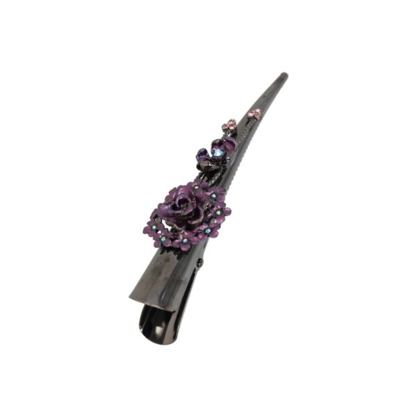 duckklem bloem paars_4 Haarspeld Duckklem 13cm – Bloemvorm & Steentjes – Metaal – Grijs Paars