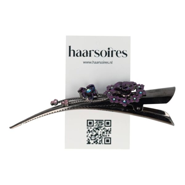 duckklem bloem paars_5 Haarspeld Duckklem 13cm – Bloemvorm & Steentjes – Metaal – Grijs Paars