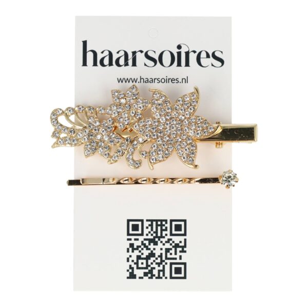 duckklem bloemvormen_7 Haarspeld Duckklem & Schuifspeldje 5cm – Bloemvormen – Strass Glitter Steentjes – Goud – Set van 2