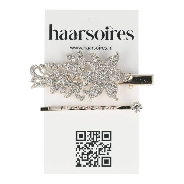 duckklem bloemvormen_8 Haarspeld Duckklem & Schuifspeldje 5cm – Bloemvormen – Strass Glitter Steentjes – Zilver – Set van 2