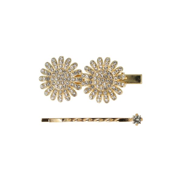 duckklem margriet bloem strass_1 Haarspeld Duckklem & Schuifspeldje 5cm – Margriet Bloemvorm – Strass Glitter Steentjes – Goud – Set van 2