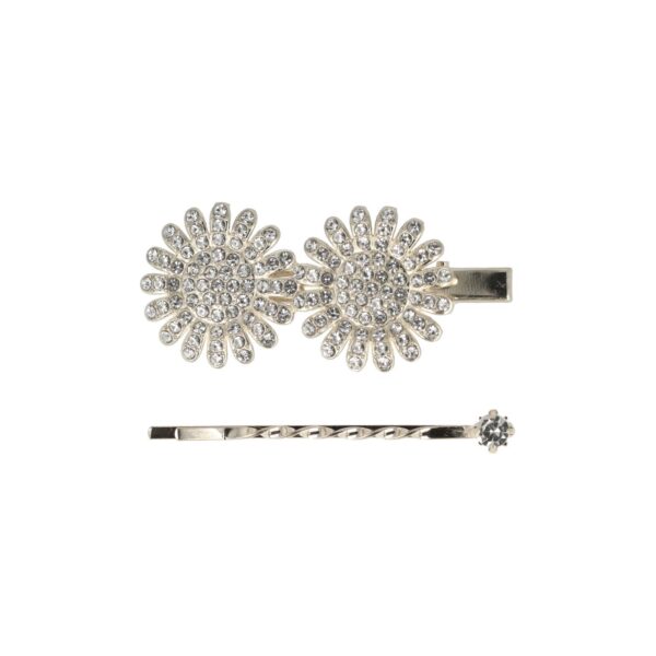 duckklem margriet bloem strass_2 Haarspeld Duckklem & Schuifspeldje 5cm – Margriet Bloemvorm – Strass Glitter Steentjes – Zilver – Set van 2