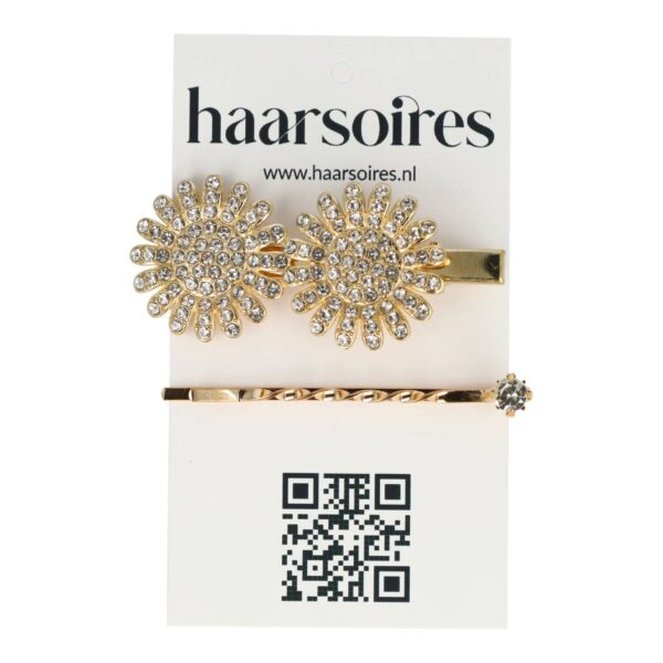 duckklem margriet bloem strass_3 Haarspeld Duckklem & Schuifspeldje 5cm – Margriet Bloemvorm – Strass Glitter Steentjes – Goud – Set van 2