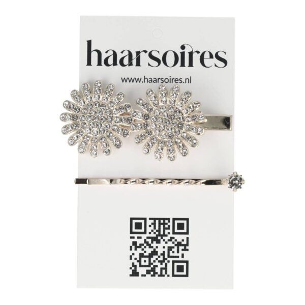 duckklem margriet bloem strass_4 Haarspeld Duckklem & Schuifspeldje 5cm – Margriet Bloemvorm – Strass Glitter Steentjes – Zilver – Set van 2