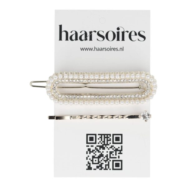 duckklem ovaal parel strass_8 Haarspeld Haarclip 6cm - Recht Parel Strass Steentjes - Zilver Wit – Set van 2