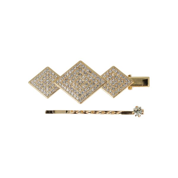 duckklem schuifje ruitvorm strass steentjes_1 Haarspeld Duckklem & Schuifspeldje 6cm – Ruitvorm – Strass Glitter Steentjes – Goud – Set van 2