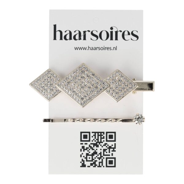 duckklem schuifje ruitvorm strass steentjes_10 Haarspeld Duckklem & Schuifspeldje 6cm – Ruitvorm – Strass Glitter Steentjes – Zilver – Set van 2