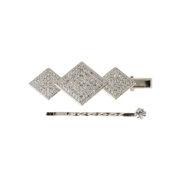 duckklem schuifje ruitvorm strass steentjes_2 Haarspeld Duckklem & Schuifspeldje 6cm – Ruitvorm – Strass Glitter Steentjes – Zilver – Set van 2