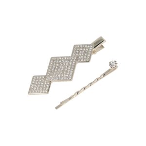 Haarspeld Duckklem & Schuifspeldje 6cm – Ruitvorm – Strass Glitter Steentjes – Zilver – Set van 2