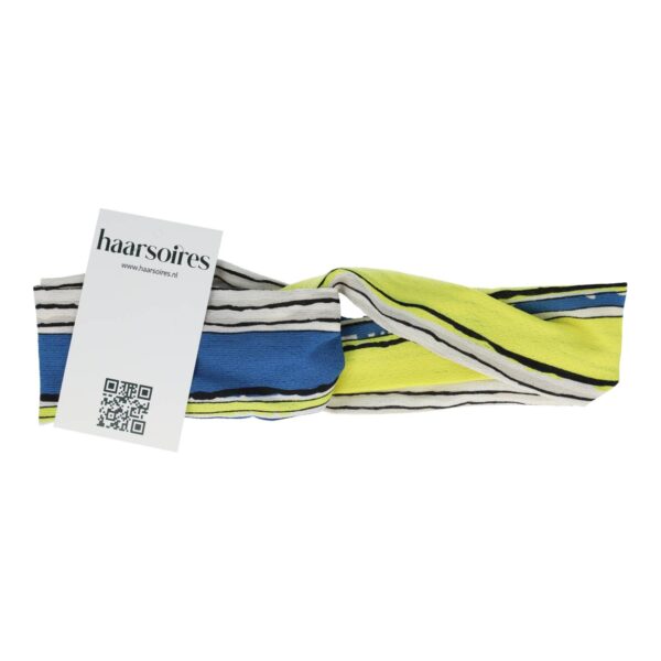 haarband twist streep wit blauw zwart geel_2 Haarband Twist 5cm – Streep Patroon – Gladde Stof – Zwart Wit Blauw Geel